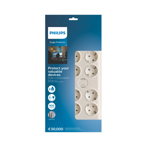 [SPN7080WA-62] PHILIPS SPN7080WA/62, 8 Soket, Akım Korumalı Priz, 900 Joules, 2Mt Örgülü Kablo, (Beyaz)