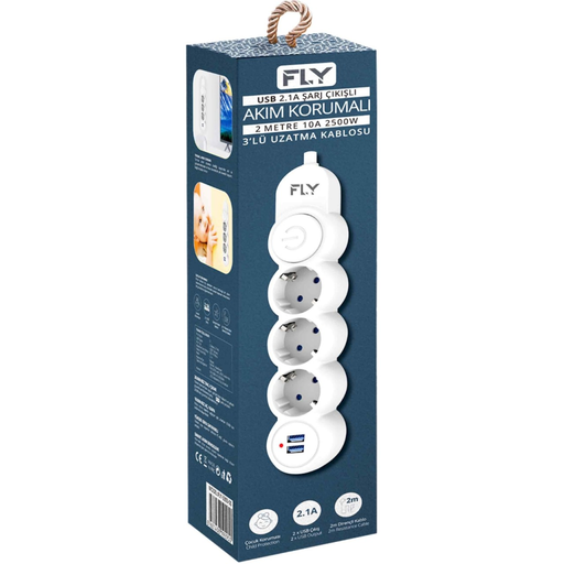 [3393-01] FLY 3393-01, 3 Soket, 2 USB, Akım Korumalı Priz, 2.1A, Anahtarlı, 2Mt Kablo, (Beyaz)