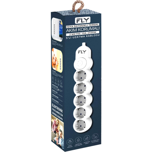 [3394-01] FLY 3394-01, 5 Soket, Akım Korumalı Priz, 2.1A, Anahtarlı, 2Mt Kablo, (Beyaz)