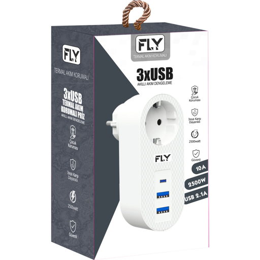 [3400-01] FLY 3400-01, 1 Soket, 2 USB, 1 Type-C, Akım Korumalı Priz, 2.1A, (Beyaz)