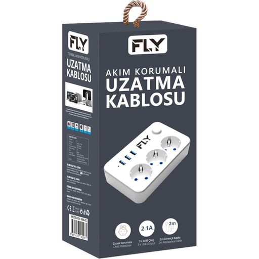 [3406-01] FLY 3406-01, 3 Soket, 3 USB, Akım Korumalı Priz, 2.1A, Anahtarlı, 2Mt Kablo, (Beyaz)