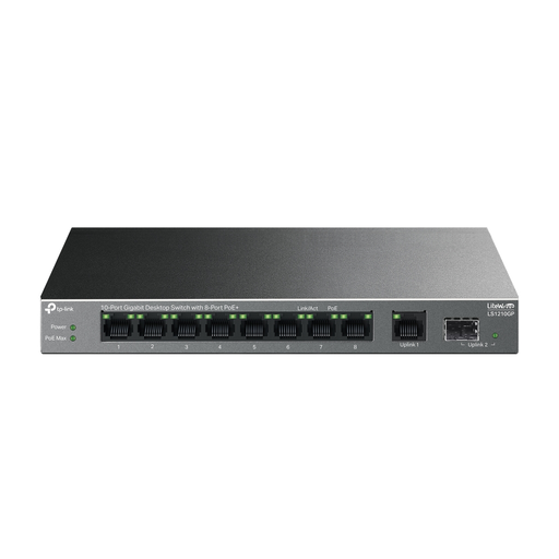 [LS1210GP] TP-LINK LS1210GP, Green Tech, 10 port Gigabit, 9 Port POE, +1 Port Gigabit SFP, 61W, Yönetilemez Masaüstü Switch