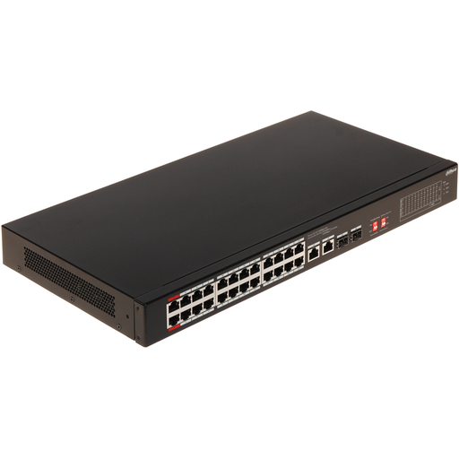 [S3226-24ET-240] DAHUA S3226-24ET-240, 24 Port, MegaBit, PoE 240W, 2 Port GigaBit Uplink, 2 Port Gigabit Combo SFP, Longe Range 250Mt, Yönetilemez, Rack Mount Switch