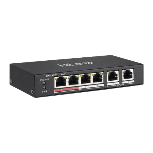 [NS-0106P-35] HILOOK NS-0106P-35(B), 5 Port, Megabit, 4 Port PoE, 60W, +2 Port Megabit Uplink, Long Range 250Metre, Yönetilemez, Masaüstü Switch