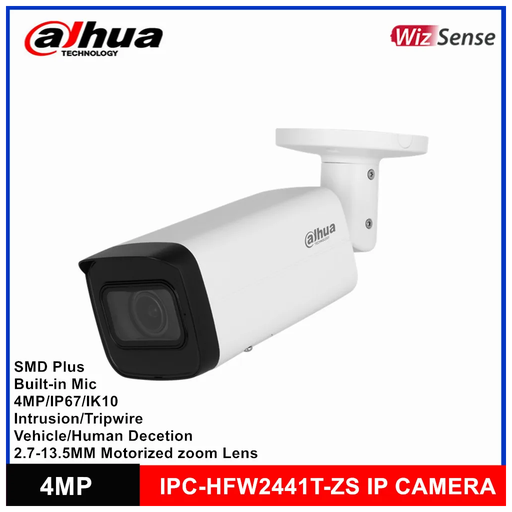 [IPC-HFW2441T-ZAS-2713] DAHUA IPC-HFW2441T-ZAS-2713, 4Mpix, 2,7-13,5mm Motorize Lens, H265+,Starlight, 60Mt Gece Görüşü, Dahili Mikrofon, IP67, PoE Bullet IP Kamera