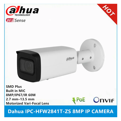 [IPC-HFW2841T-ZAS-27135] DAHUA IPC-HFW2841T-ZAS-27135 8Mpix, 2,7-13,5mm Motorize Lens, H265+, 80Mt Gece Görüşü, Dahili Mikrofon, Starlight, IP67,  PoE Bullet IP Kamera