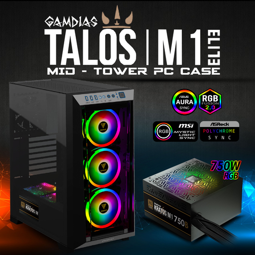 [TAL-M1-750] GAMDIAS TALOS M1 Elite, 750W, Tempered Glass, ARGB, 80+ Bronze, ATX GAMING KASA