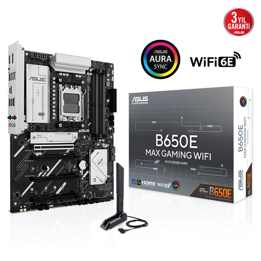 [B650E-MAX-GAMING-WIFI] ASUS B650E MAX GAMING WIFI, 4xDDR5, 3xM.2, DP, HDMI, Type-C, Wi-Fi 6E, Bluetooth v5.3, AM5 Soket Gaming Anakart