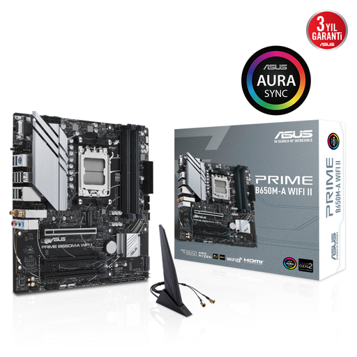 [PRIME-B650M-A-WIFI-II] ASUS PRIME B650M-A WIFI II, 4xDDR5, 2x M.2, D-SUB, HDMI, DP, Wi-Fi 6, Bluetooth v5.2, AM5 Soket GAMING Anakart