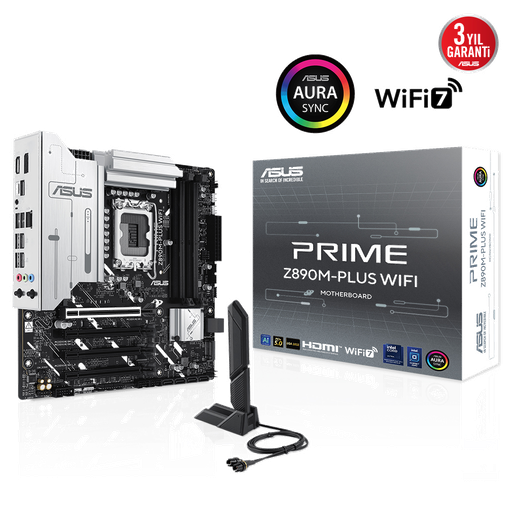 [PRIME-Z890M-PLUS-WIFI] ASUS PRIME Z890M-PLUS WIFI, 7600MHz, 4xDDR5 3x M.2, HDMI, DP, Type-C, Wi-Fi 7, Bluetooth 5.4, Intel Core Ultra CPU(Seri 2), LGA1851 Soket, Gaming Anakart
