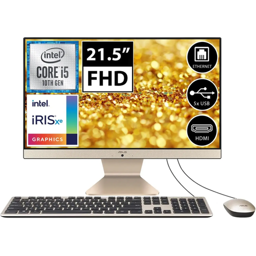 [V222FAK-BA025M] ASUS V222FAK-BA025M, i5-10210U, 21,5"  FHD Ekran, 8Gb DDR4 Ram, 256Gb SSD, Wi-Fi 5, Type-A, Paylaşımlı Ekran Kartı, Free Dos, All In One PC, (Gold/Siyah)