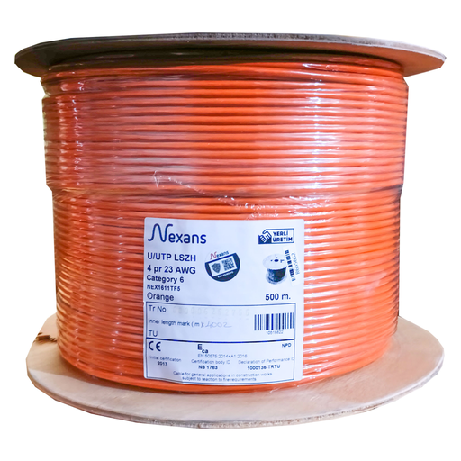 [NEX1611TF5] NEXANS NEX1611TF5, TURUNCU, CAT6, 500M, 23AWG (0,58mm), UTP, %100 Bakır, LSZH Halogen Free, Makara, Kablo