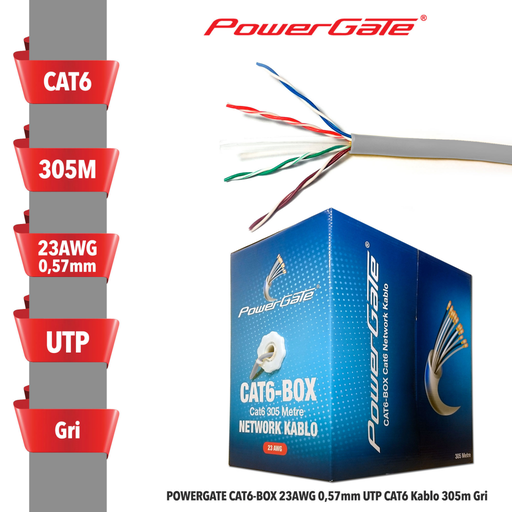 [CAT6-BOX] POWERGATE CAT6-BOX-GY, 23AWG 0,57mm, UTP, CAT6 Kablo, 305m, Gri