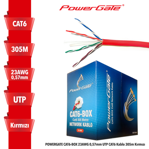 [CAT6-BOX-KIRMIZI] POWERGATE CAT6-BOX-RE, 23AWG, 0,57mm, UTP, CAT6 Kablo, 305m, Kırmızı