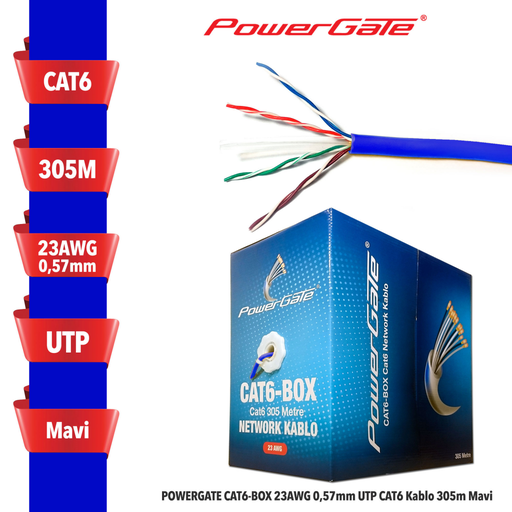 [CAT6-BOX-MAVI] POWERGATE CAT6-BOX-BL, 23AWG 0,57mm, UTP, CAT6 Kablo, 305m, Mavi