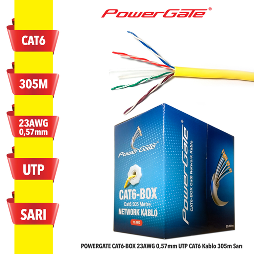 [CAT6-BOX-SARI] POWERGATE CAT6-BOX-YL, 23AWG, 0,57mm, UTP, CAT6 Kablo, 305m, Sarı
