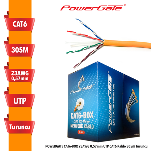 [CAT6-BOX-TURUNCU] POWERGATE CAT6-BOX-OR, 23AWG, 0,57mm, UTP, CAT6 Kablo, 305m, Turuncu