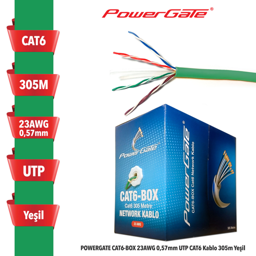 [CAT6-BOX-YESIL] POWERGATE CAT6-BOX-GN, 23AWG 0,57mm, UTP, CAT6 Kablo, 305m, Yeşil