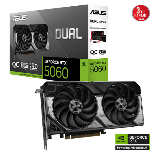 [DUAL-RTX5060-O8G] ASUS DUAL-RTX5060-O8G, 8Gb, 128Bit, GDDR7, 1xHDMI, 3xDP GAMING Ekran Kartı