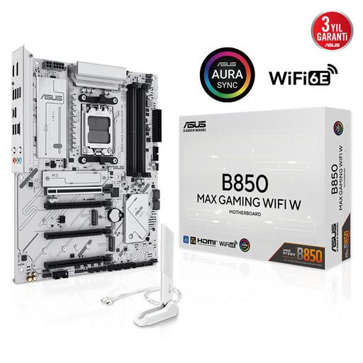[B850-MAX-GAMING-WIFI-W] ASUS B850 MAX GAMING WIFI W, 4xDDR5, 3x M2, HDMI, DP, Type-C, Wi-Fi 6E, Bluetooth v5.3, AM5 Soket GAMING BEYAZ Anakart