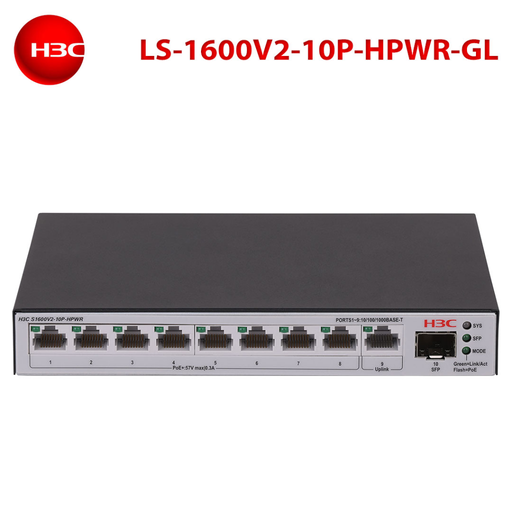 [S1600V2-10P-HPWR] H3C S1600V2-10P-HPWR, 8 Port, GigaBit, PoE 125W, L2, 1 Port GigaBit Uplink, 1 Port GigaBit SFP, Web Yönetilebilir, Masaüstü Switch