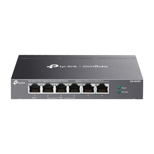 [DS106GPP] OMADA DS106GPP, 6 Port Gigabit, 3 Port Gigabit PoE+, 64W, 1 Port Gigabit PoE++, Yönetilemez, Metal Kasa Masaüstü Sessiz Switch