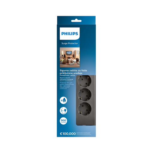 [SPN3140A-62] PHILIPS SPN3140A/62, 4 Soket, Akım Korumalı Priz, 900 Joules, 2Mt Kablo, (Gri)