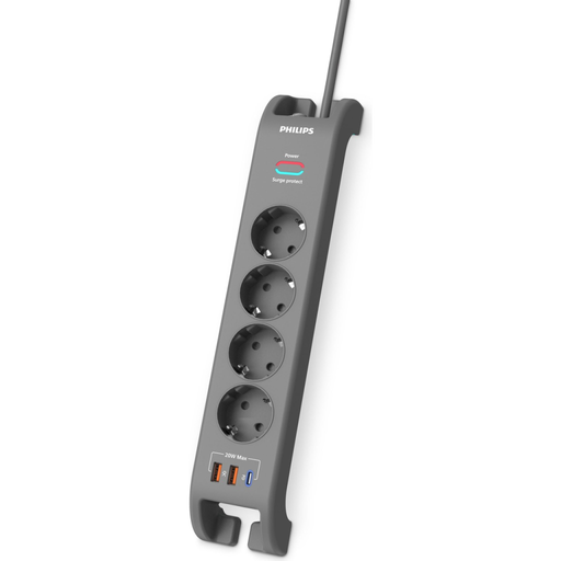 [SPN4140GA-62] PHILIPS SPN4140GA/62, 4 Soket, Akım Korumalı Priz, 2400 Joules, 2Mt Kablo, 1xUsb-C PD 20W Hızlı Şarj, 2xUsb-A QC 18W, (Gri)