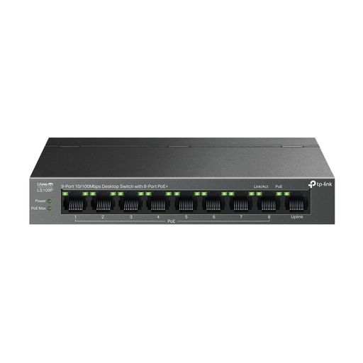 [LS109P] TP-LINK LS109P, Green Tech, 8 Port MegaBit, POE 63W, 1 Port Uplink, Long Range 250Mt, Yönetilemez, Metal Kasalı Switch