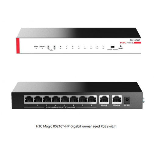 [BS210T-HP] H3C Magic BS210T-HP, 10 Port, GigaBit, 8 Port PoE, 110W, +2 Port GigaBit Uplink, Metal Kasa, Yönetilemez, Masaüstü Switch