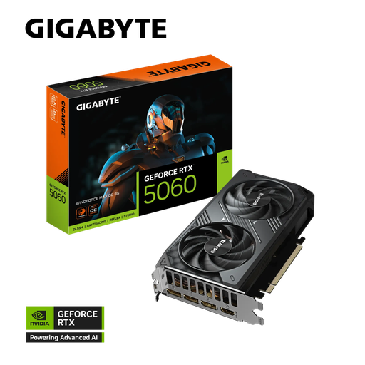 [GV-N5060WF2MAX-OC-8GD] GIGABYTE GV-N5060WF2MAX OC-8GD, RTX5060, WINDFORCE MAX OC, 8Gb, GDDR7, 128BIT, 2 Fanlı, 1xHDMI, 3xDP, GAMING Ekran KARTI