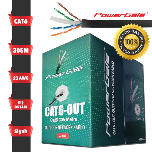 [CAT6-OUT-COPPER] POWERGATE CAT6-OUT-COPPER, Outdoor (Dış Mekan), Polietilen, 23AWG 0.57mm, UTP, CAT6, %100 Bakır Kablo, 305m, Siyah