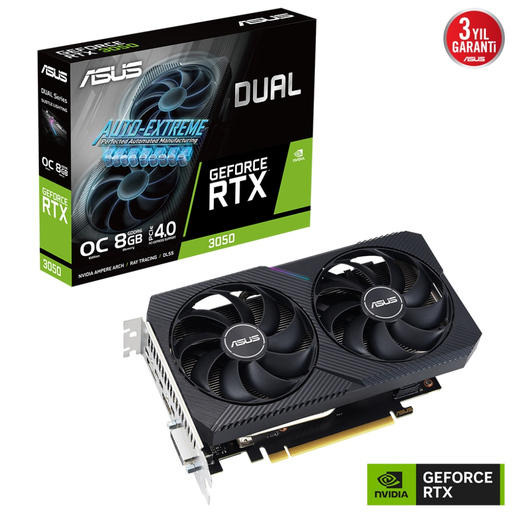 [DUAL-RTX3050-O8G-01] ASUS DUAL-RTX3050-O8G-V2, 8GB, GDDR6, 128Bit, 1xHDMI, 1xDP, 1xDVI, GAMING Ekran Kartı
