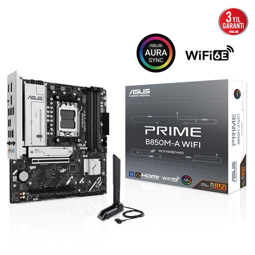 [PRIME-B850M-A-WIFI] ASUS PRIME B850M-A WIFI, 4xDDR5, 3xM.2, 2xDP, HDMI, Type-C, Wi-Fi 6, Bluetooth 5.3, AM5 Soket Anakart