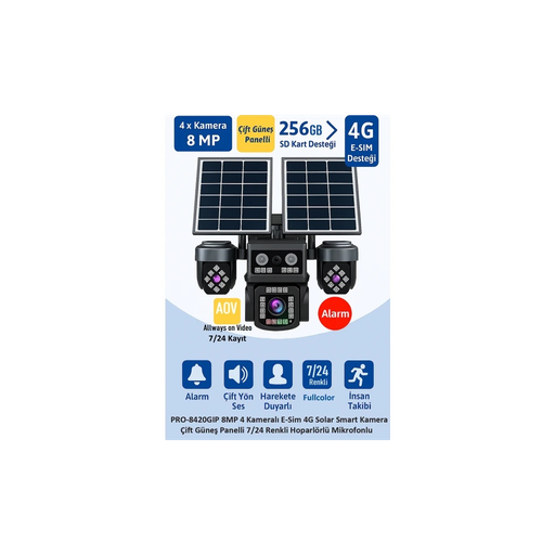 [PRO-8420GIP] BALANDI PRO-8420GIP 8MP 4 Kameralı 4G AOV ESIM  Solar Kamera, HIEASY Yazılım