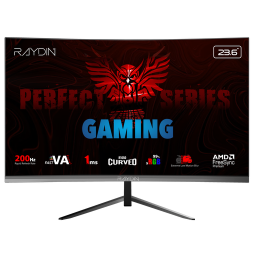 [MM24RFA-200HZ] RAYDIN MM24RFA-200HZ, 23.6", 1ms, 200Hz, Full HD, 300 nits, HDMI, DP, Hoparlör, VA LED, R1650 Curved, Frameless, FreeSync Gaming Monitör