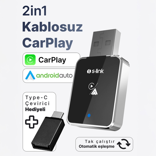 [SL-CAR01] S-LINK SL-CAR01, 2in1 Android ve Apple Cihazlar, Kablosuz Android Auto ve Carplay Adaptörü