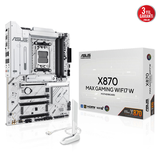 [X870-MAX-GAMING-WIFI7-W] ASUS X870 MAX GAMING WIFI7 W, 4xDDR5, 3xM2, HDMI, DP, Type-C, Wi-Fi 7, Bluetooth v5.3, AM5 Soket GAMING Anakart