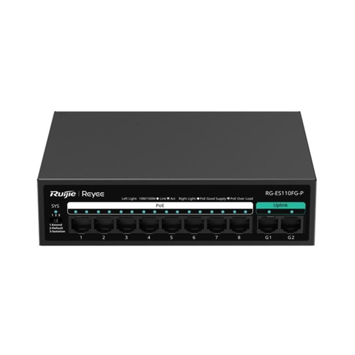 [RG-ES110FG-P] RUIJIE REYEE RG-ES110FG-P 10 Port, 8 Port MegaBit  POE, 110W, 2 Port Gigabit Uplink, Switch
