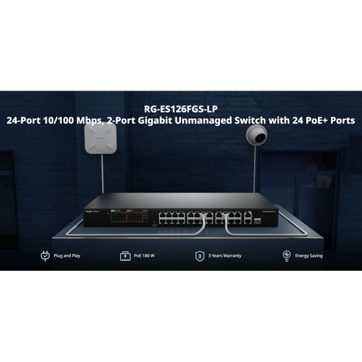 [RG-ES126FGS-LP] RUIJIE REYEE RG-ES126FGS-LP  26 Port, 24 Port  Megabit PoE, 180W, 2 Port Gigabit Uplink, 1 Port Gigabit COMBO,  Switch  Metal Kasa