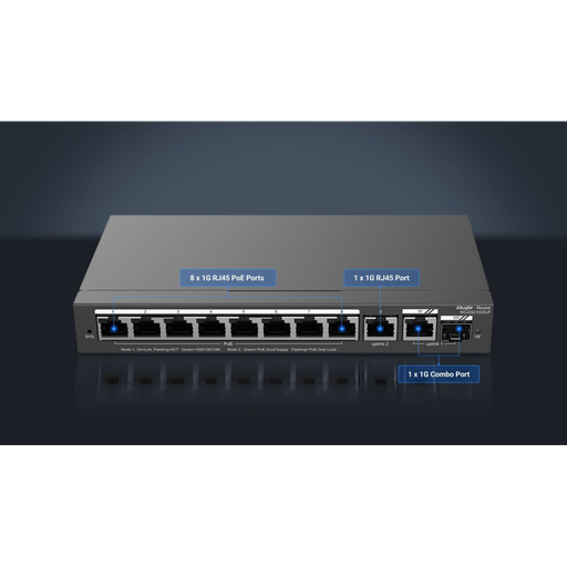 [RG-ES210GS-P] RUIJIE REYEE RG-ES210GS-P  10Port GigaBit ,8X PoE  120W, 1 Port Gİgabit Uplink, 1 Gİgabit Combo,  Colud Yönetilebilir Switch  Metal Kasa