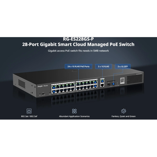[RG-ES228GS-P] RUIJIE REYEE RG-ES228GS-P  28Port ,24 Port  PoE  370W, 2Port Gİgabit Uplink, 2 Port SFP, Colud Yönetilebilir Switch  Metal Kasa