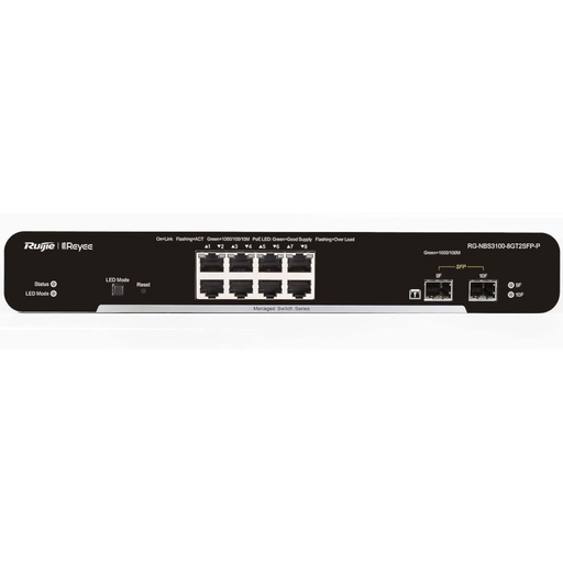 [RG-NBS3100-8GT2SFP-P-V2] RUIJIE REYEE RG-NBS3100-8GT2SFP-P-V2, 8 Port, GigaBit, 8Port PoE, 125W,  2Port SFP, L2 Yönetilebilir, Metal Kasa, Masaüstü, Switch