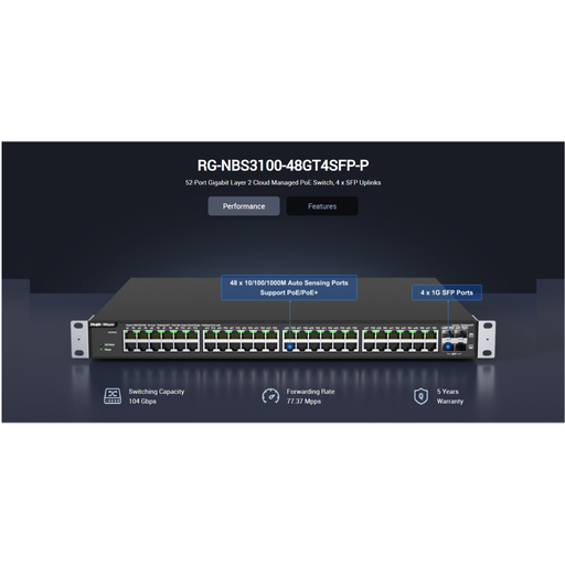 [RG-NBS3100-48GT4SFP-P] RUIJIE REYEE RG-NBS3100-48GT4SFP-P  48 Port  GigaBit PoE,  370W, 4Port SFP, L2 Yönetilebilir Switch  Metal Kasa