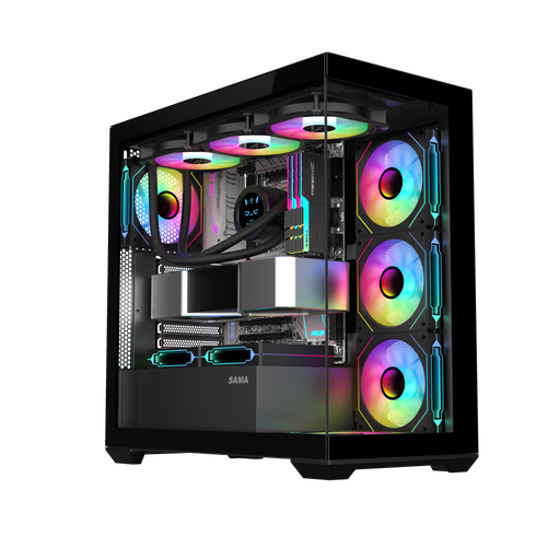 [SAMA-SV01BK-B750BK] SAMA SV01BK Black, B750BK 750W, 80+ Bronze, PCIE 5.1, ATX3.1, Tempered Glass Panel, Panoramic Tasarım, Type-C, 4x120mm ARGB Fan, ATX, GAMING KASA