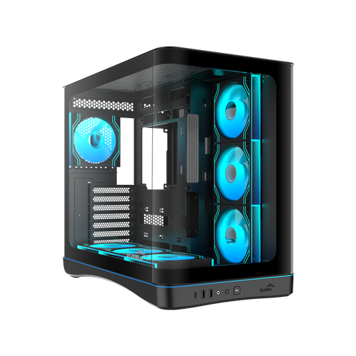 [SAMA-V62BK-B850BK] SAMA V62BK Black, B850BK 850W, 80+ Bronze, PCIE 5.1, ATX3.1, Tempered Glass Panel, Panoramic Tasarım, Type-C, 7x120mm ARGB INFINITY Fan, ATX, GAMING KASA