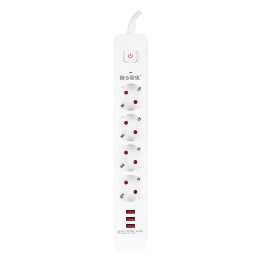 [SPG403U] S-LINK SPG403U, 4 Soket, Akım Korumalı Priz, 3xUSB 5V 2.4A, 1.5Mt %100 Bakır 1.5mm Kablo, 750 Joule (Beyaz)