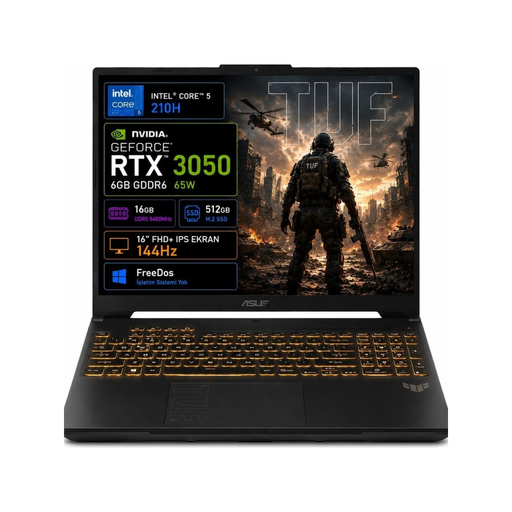 [FX607VJB-RL037] ASUS Tuf Gaming F16, FX607VJB-RL037, Core 5-210H, 16" FHD, 144Hz IPS, 16Gb Ram, 512Gb SSD, 6GB RTX3050 Ekran Kartı, Free Dos, GAMING Notebook.
