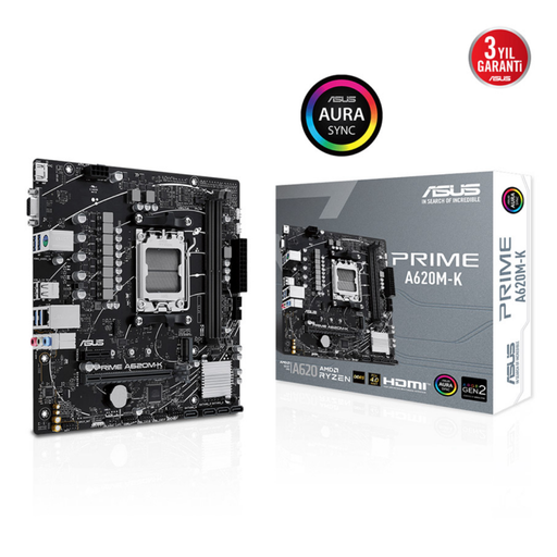 [PRIME-A620M-K] ASUS PRIME A620M-K, 2xDDR5, 1x M.2, D-SUB, HDMI, AM5 Soket Anakart