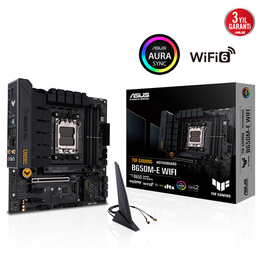 [TUF-GAMING-B650M-E-WIFI] ASUS TUF GAMING B650M-E WIFI, 4xDDR5, 2x M.2, HDMI, DP, Type-C, Wi-Fi 6, Bluetooth v5.2, AM5 Soket GAMING Anakart